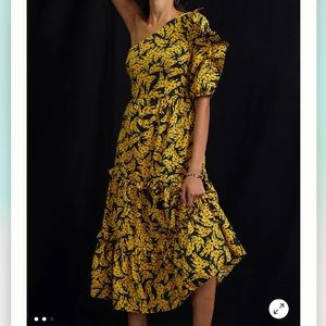 Anthropologie Farm Rio Banana One-Shoulder Midi Dress